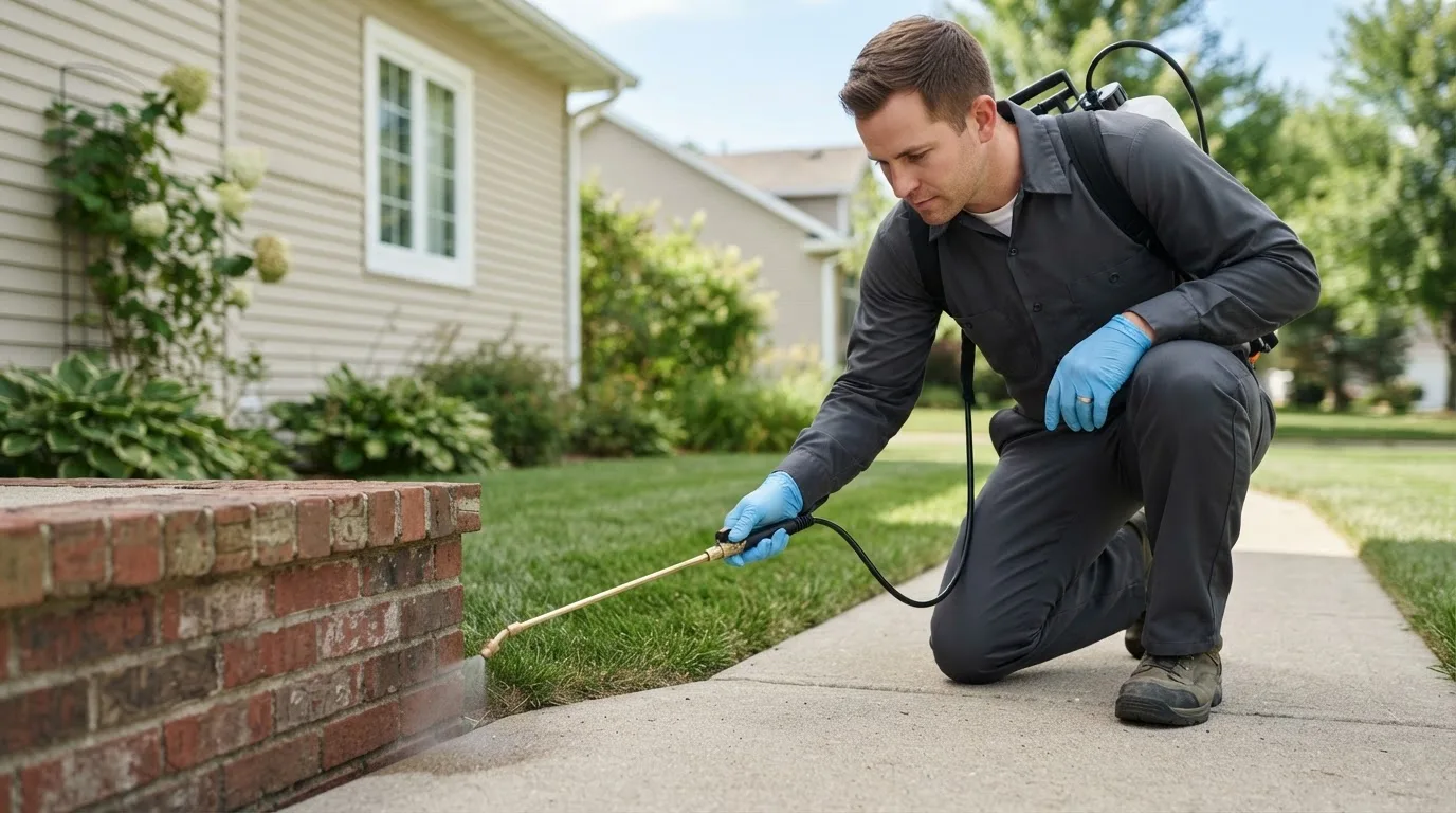 Pest control technician treating a home near Perrin, TX